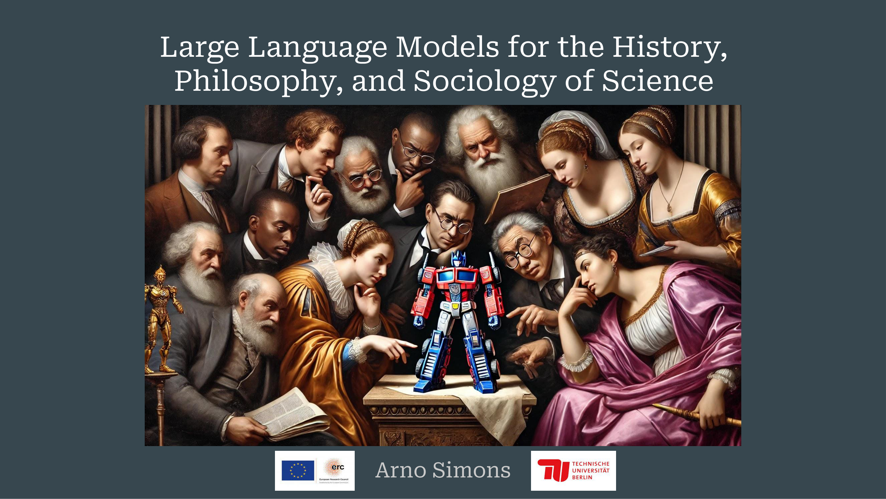 The title slide shows the connection between traditional humanities and modern AI technology